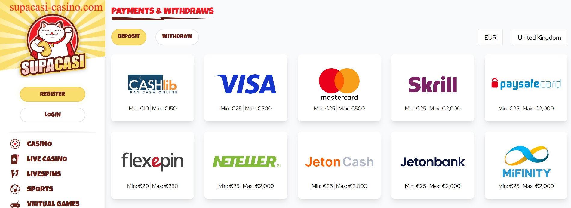 Supacasi Casino Payment Methods